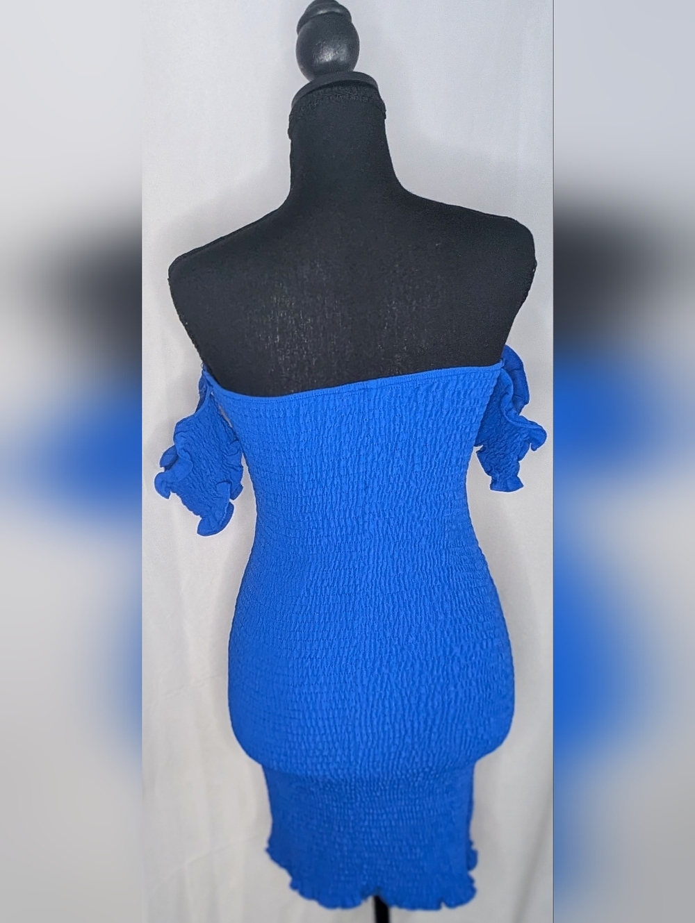 Cefian Blue Smocked Off Shoulder Mini Dress Lace Up Front Size S - Picture 4 of 9